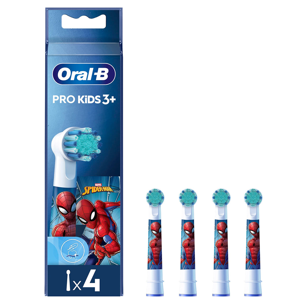 Oral-B Pro Kids Spiderman heads pack four in white, for gentle kid brushing.