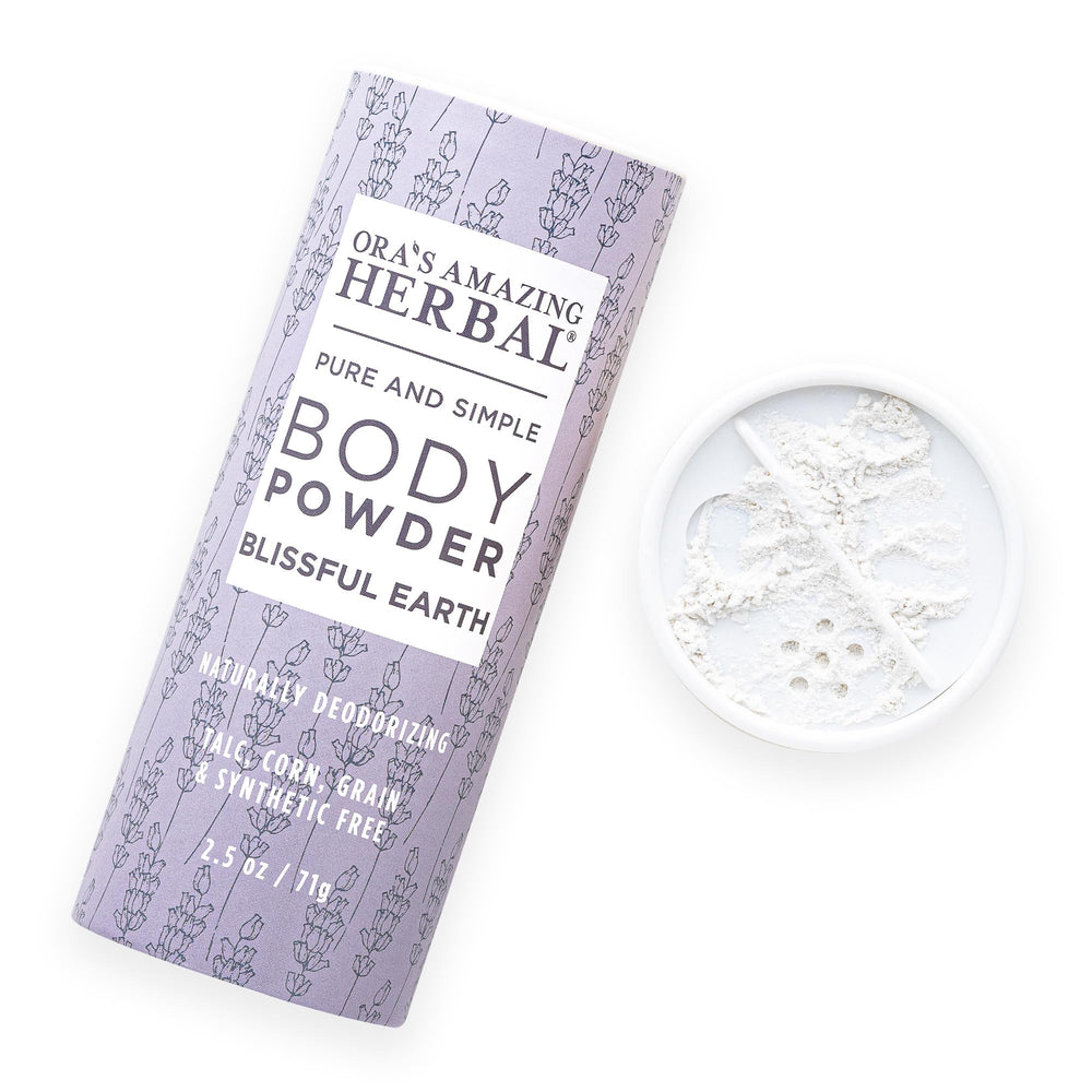 Ora’s Amazing Herbal Blissful Earth powder bottle with lavender for daily comfort
