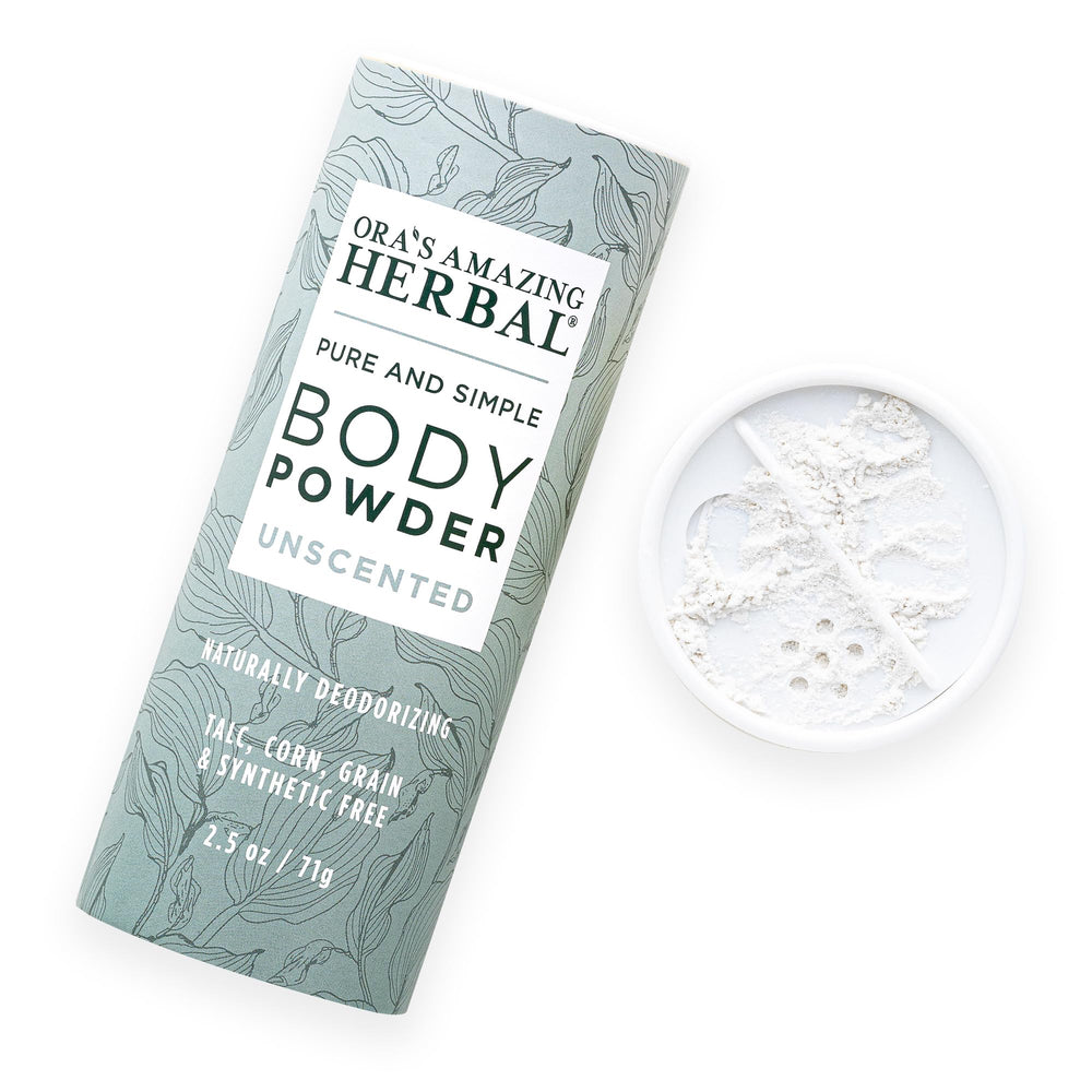 Ora's Amazing Herbal fragrance-free powder bottle with a fragrance-free formula for sensitive skin