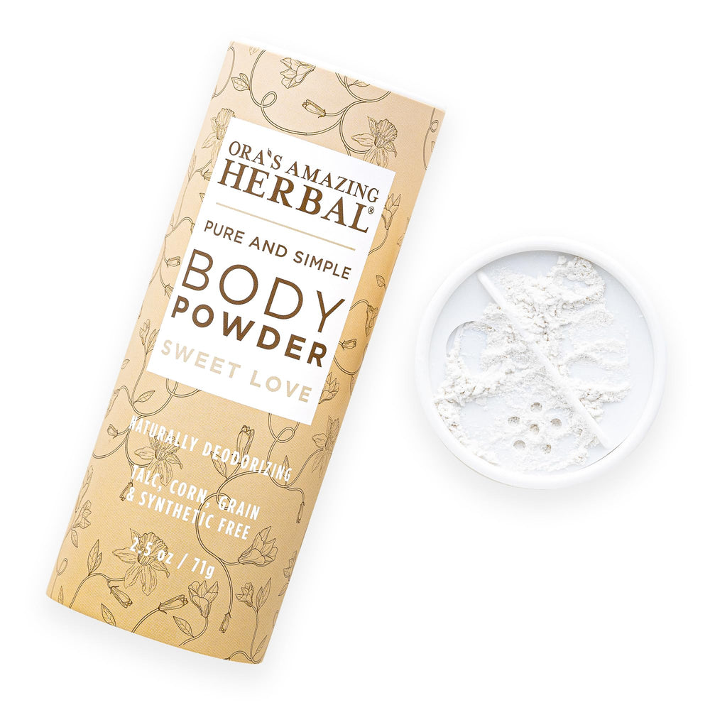 Ora's Amazing Herbal Sweet Love body powder bottle for moisture and odor control
