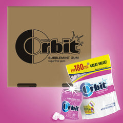 Orbit Bubblemint 50-piece bottle close-up emphasizes compact portability.