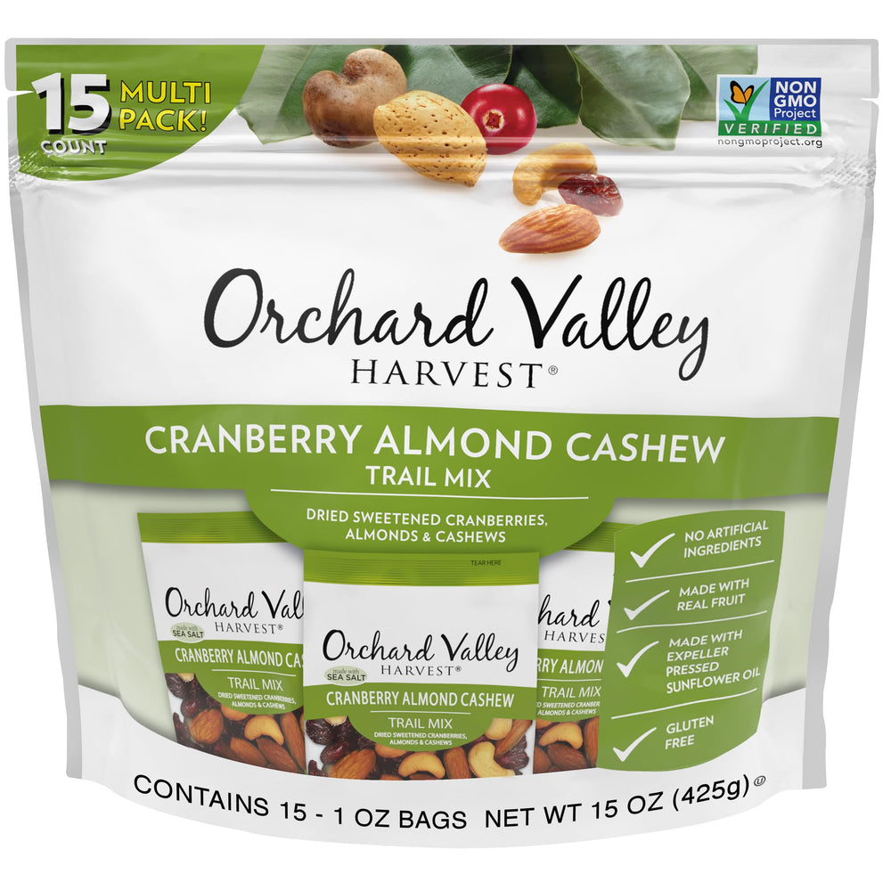Orchard Valley Harvest Cranberry Almond Cashew Trail Mix pack-front shows convenient single-serve packaging.