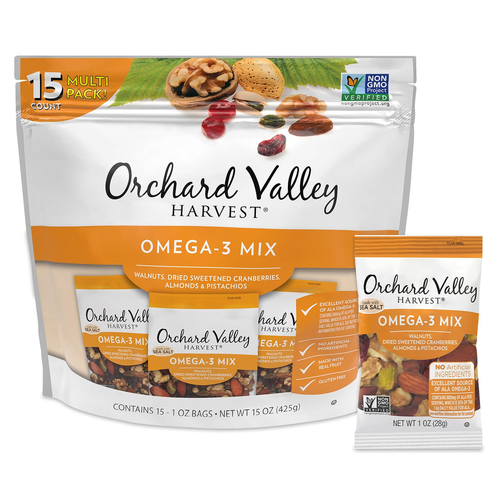 Orchard Valley Harvest Omega-3 Mix with walnuts and cranberries for a tasty on-the-go snack.