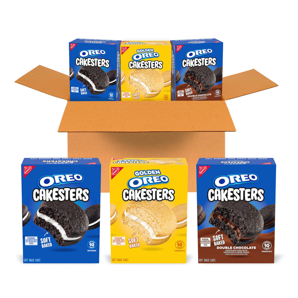 OREO Cakesters Original box front showing three flavors for easy grab-and-go snacking.