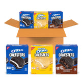 OREO Cakesters Original box front showing three flavors for easy grab-and-go snacking.