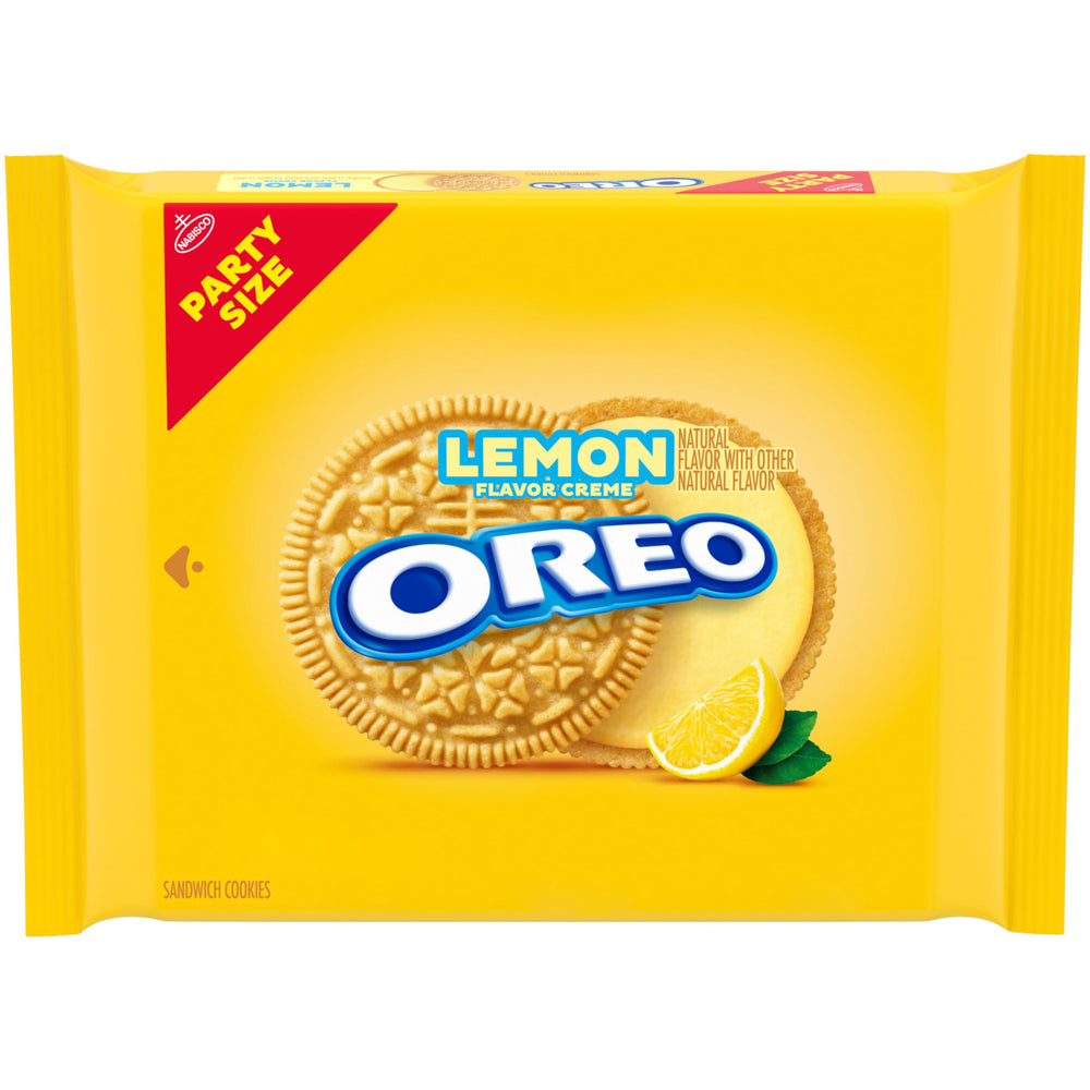 OREO Lemon Creme cookie pack close-up with lemon filling, ideal for dunking and sharing.