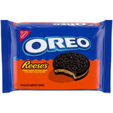 OREO REESE'S pack shot shows shareable cookies with peanut butter chocolate flavor.