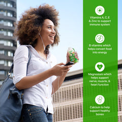 Orgain 20 vitamins and minerals graphic signals daily support for energy and immunity.