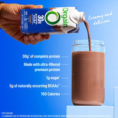Orgain 30g High Protein Shake ingredients close-up emphasizes gluten-free, dairy-based protein.