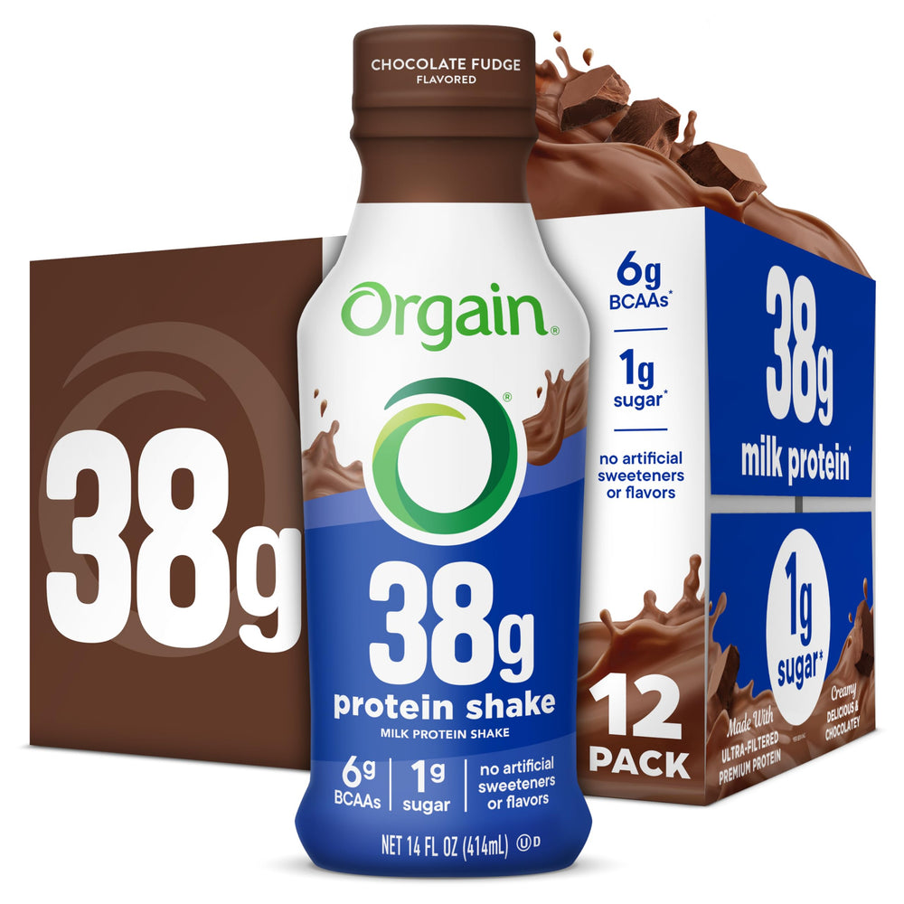 Orgain 38g protein shake bottle in chocolate fudge, ideal for on-the-go fueling.