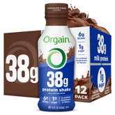 Orgain 38g protein shake bottle in chocolate fudge, ideal for on-the-go fueling.