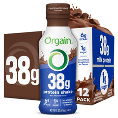 Orgain 38g protein shake bottle in chocolate fudge, ideal for on-the-go fueling.