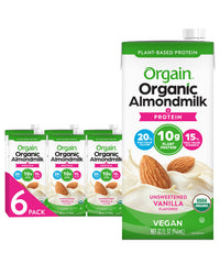 Orgain Organic Vegan Almond Milk Vanilla pour, a dairy-free protein-rich daily option.