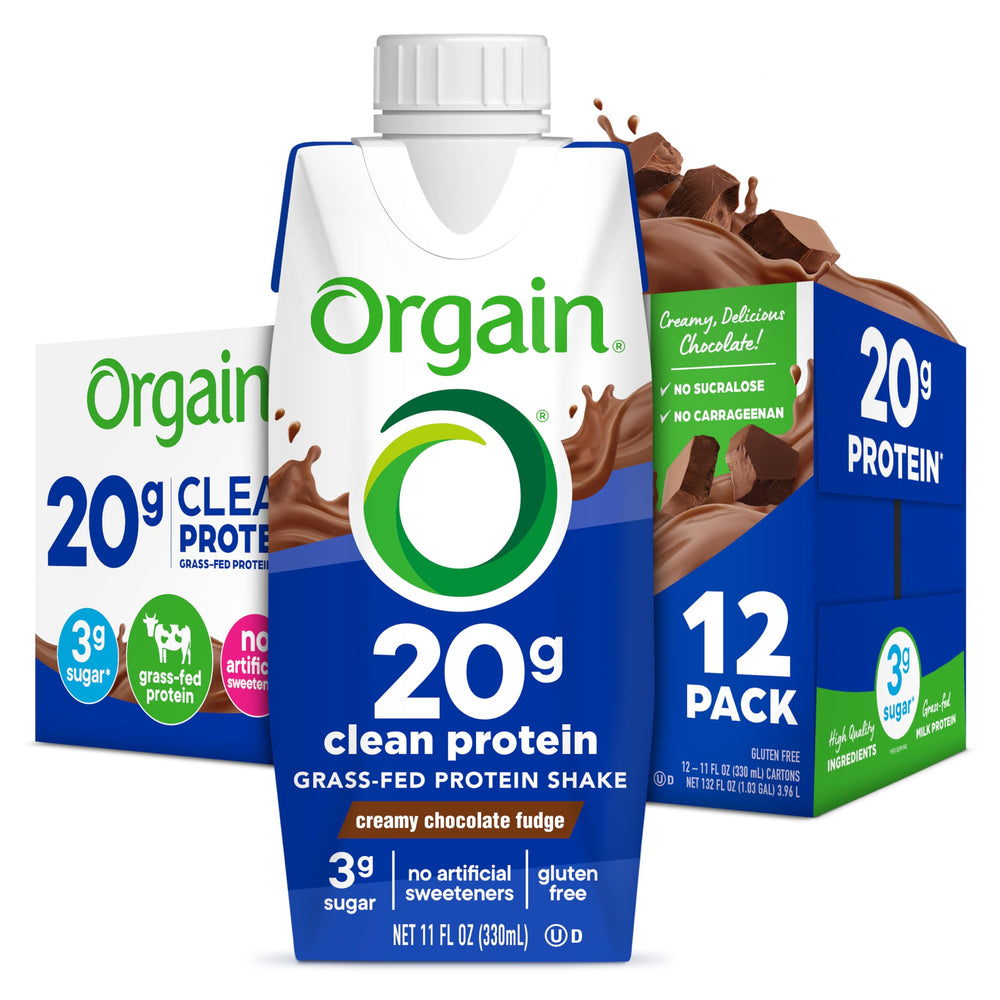 Orgain Clean Protein Shake bottle in creamy chocolate fudge, ready to drink