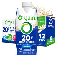 Orgain Clean Protein Shake Vanilla Bean bottle for on-the-go nutrition with grass-fed protein.