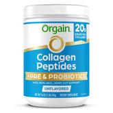 Orgain collagen probiotics tub showcasing 1B CFU probiotics for gut support and radiant skin