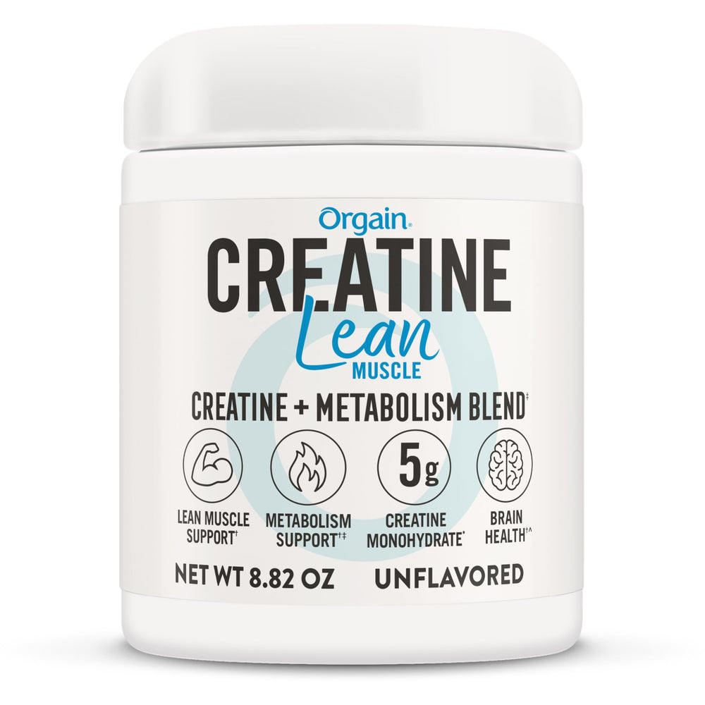 Orgain Creatine Lean Muscle bottle shows vegan, gluten-free formula for workouts.