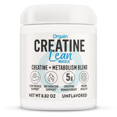 Orgain Creatine Lean Muscle bottle shows vegan, gluten-free formula for workouts.