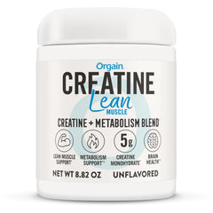 Orgain Creatine Lean Muscle bottle shows vegan, gluten-free formula for workouts.