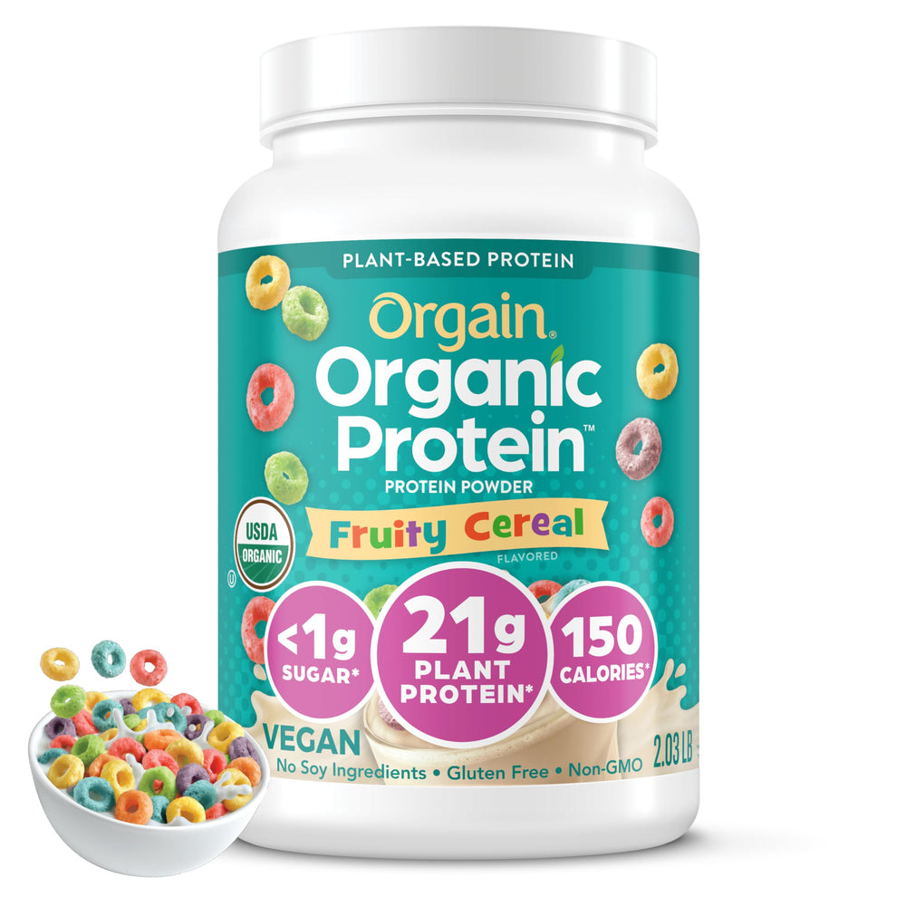 Orgain Fruity Cereal protein powder jar ideal for shakes