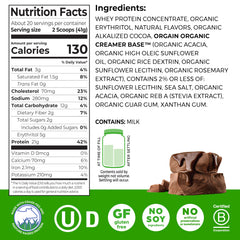 Orgain Grass-Fed Whey Protein Scoop highlighting 21g of protein per serving.