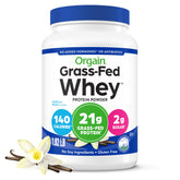 Orgain grass-fed whey protein vanilla bean powder with scoop for smooth shakes.