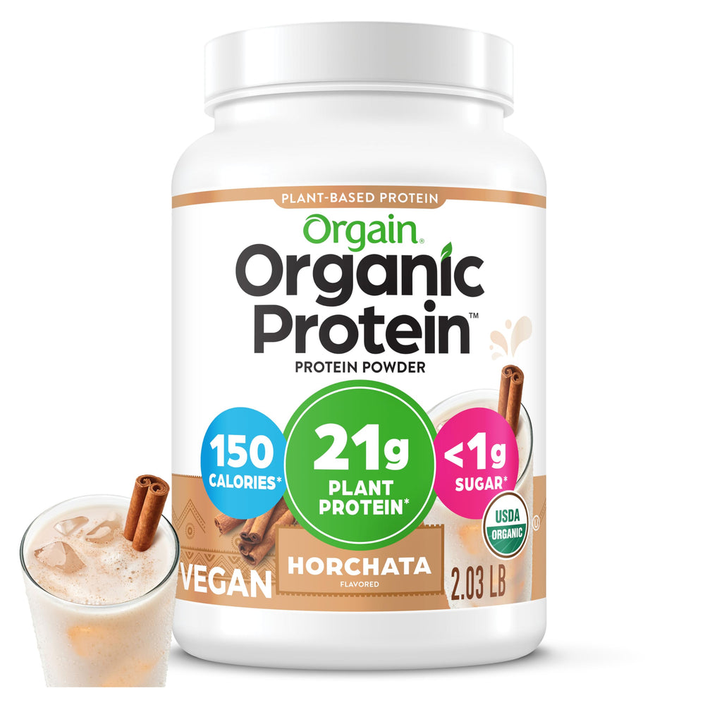 Orgain Horchata protein powder packaging front highlighting organic plant-based protein for clean fueling.