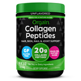 Orgain collagen bottle closeup showcases grass-fed formula for radiant skin and joints.