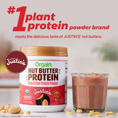 Orgain X Justin's bottle on kitchen counter for quick plant protein shakes.
