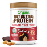 Orgain X Justin's Nut Butter Protein Powder scoop showing chocolate peanut butter flavor and protein boost.