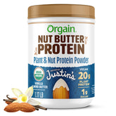 Orgain Justin's Vanilla Almond Butter protein powder tub front showing a protein-packed plant blend for shakes