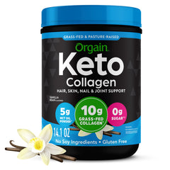Orgain Keto Collagen Vanilla powder canister ready to mix into smoothies.