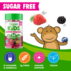 Orgain Kids 50 Superfoods blend visual with ingredient chart for plant-based nutrition.