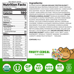 Orgain Kids Fruity Cereal Shake bottle back with nutrition facts.