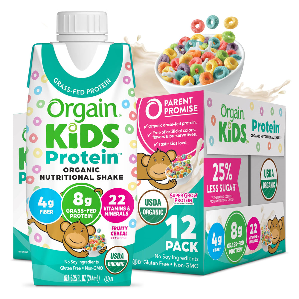 Orgain Kids Fruity Cereal Shake bottle front for on-the-go nutrition.