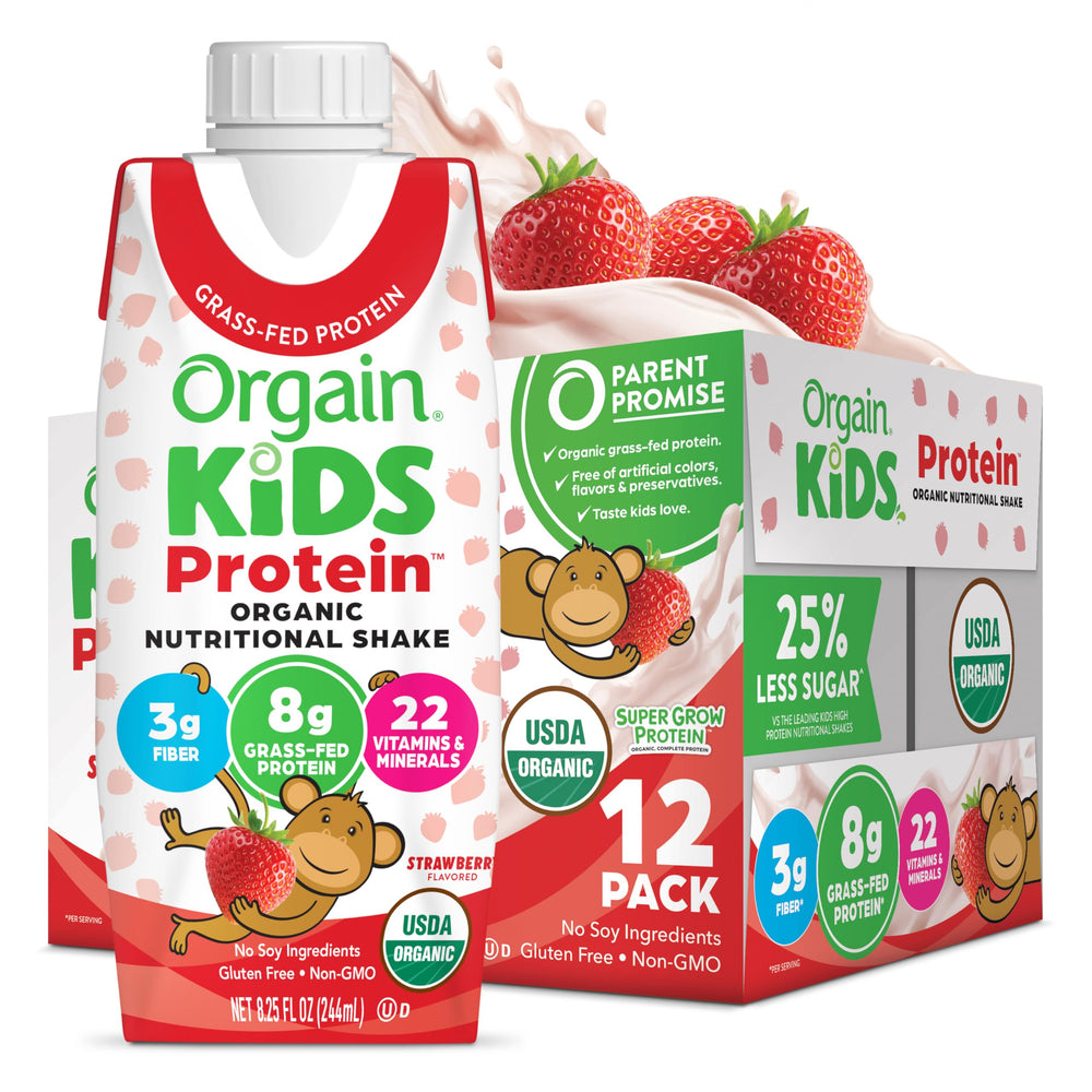 Orgain Kids Strawberry shake bottle offering creamy texture for busy mornings.