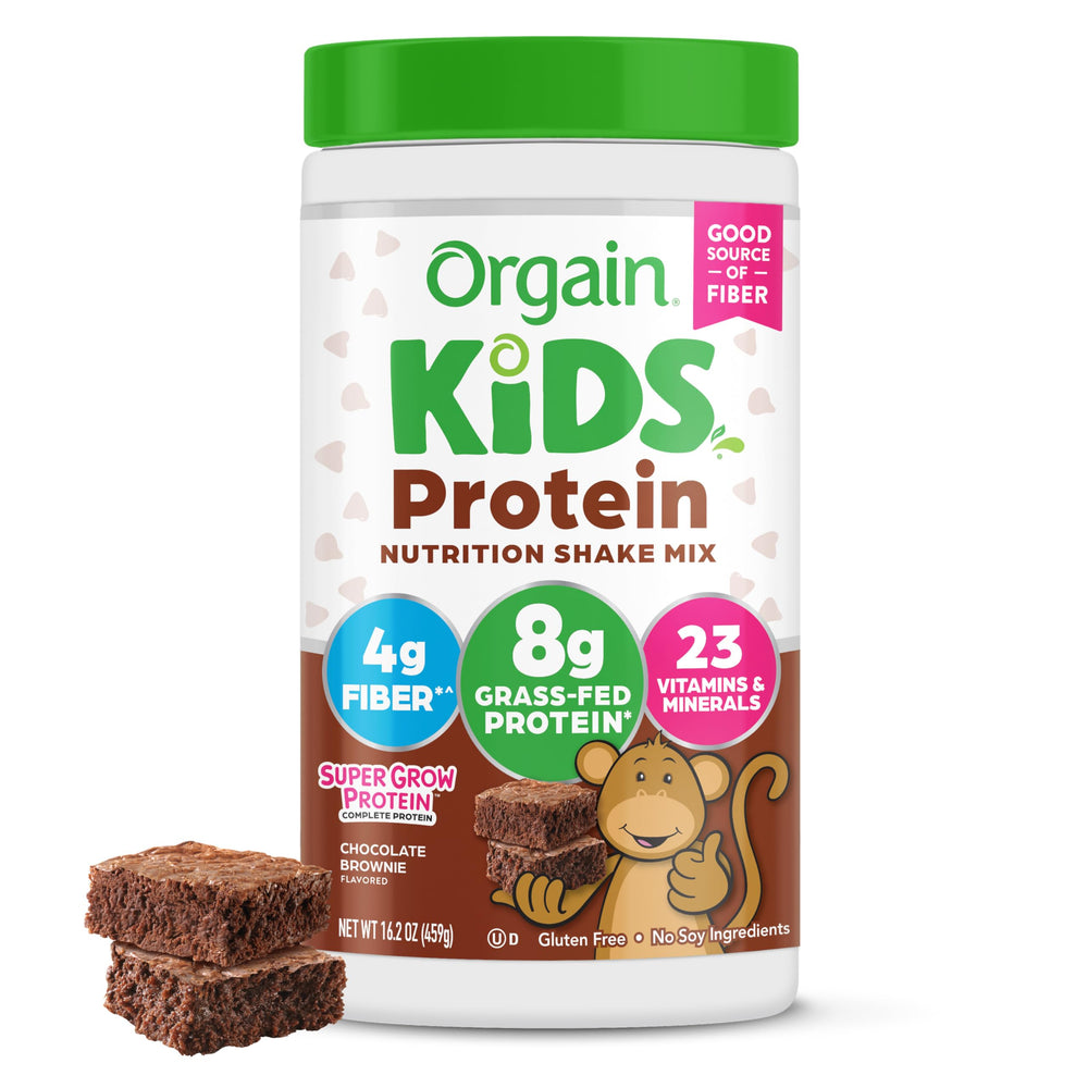 Orgain Kids Protein Powder Chocolate Brownie jar front showing creamy texture and protein boost