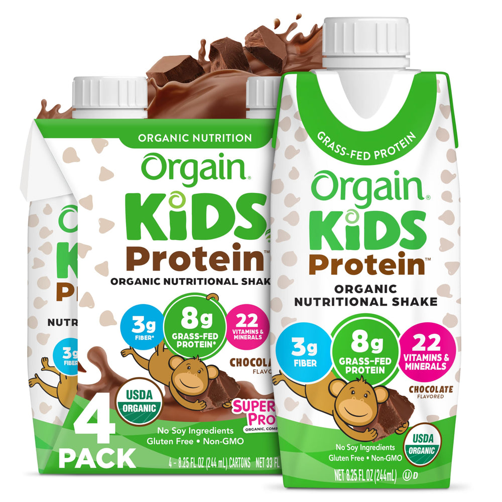 Orgain Kids Protein Shake Chocolate packaging highlights clean ingredients and kid-friendly design