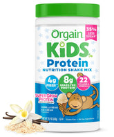 Orgain Kids Protein Shake Mix bottle in Vanilla Bean Ice Cream flavor for kid-friendly nutrition on the go.