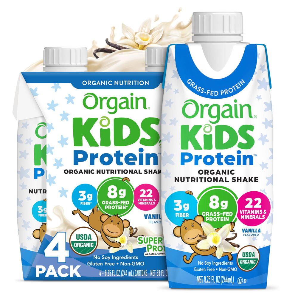 Orgain Kids Protein Vanilla bottle highlighting creamy shake for on-the-go mornings.
