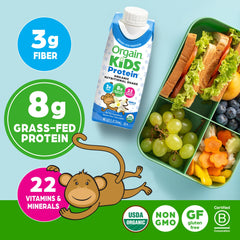 Orgain Kids Vanilla Shake nutrition panel highlights protein and vitamins.