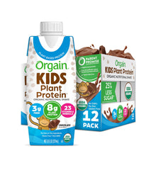 Orgain Kids vegan chocolate shake front label highlighting kid-friendly plant-based nutrition
