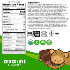 Orgain Kids vegan chocolate shake being poured showing creamy texture and protein boost