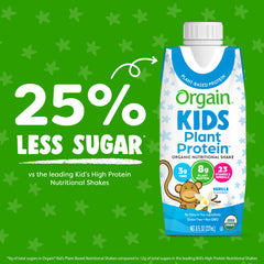 Pouring Orgain Kids vanilla shake into a cup for a quick snack