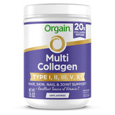 Orgain Multi Collagen powder bottle showing 20g per serving for radiant hair and skin.