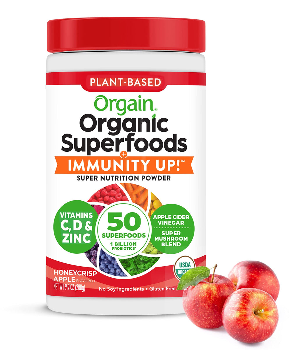 Orgain Organic Greens 50 Superfoods bottle label showing immune-supporting nutrition.