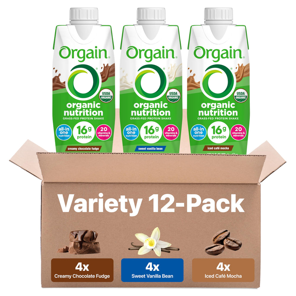 Orgain Organic Nutritional Shake chocolate bottle pour for on-the-go breakfast.