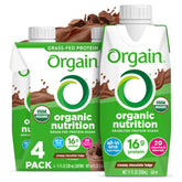 Orgain Organic Nutritional Shake Creamy Chocolate Fudge bottle pour, showcasing smooth texture for on-the-go nourishment