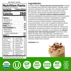 Orgain organic nutritional shake label highlights 16g grass-fed protein and essential vitamins.