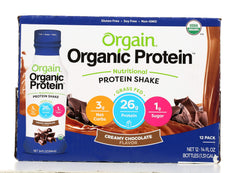 Orgain Organic Protein Shake creamy chocolate bottle close-up, highlighting rich texture for on-the-go nutrition.